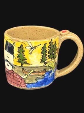 Studio Art Pottery Fishing Loon Boat Lake Scene Hand Crafted Coffee Mug NEW
